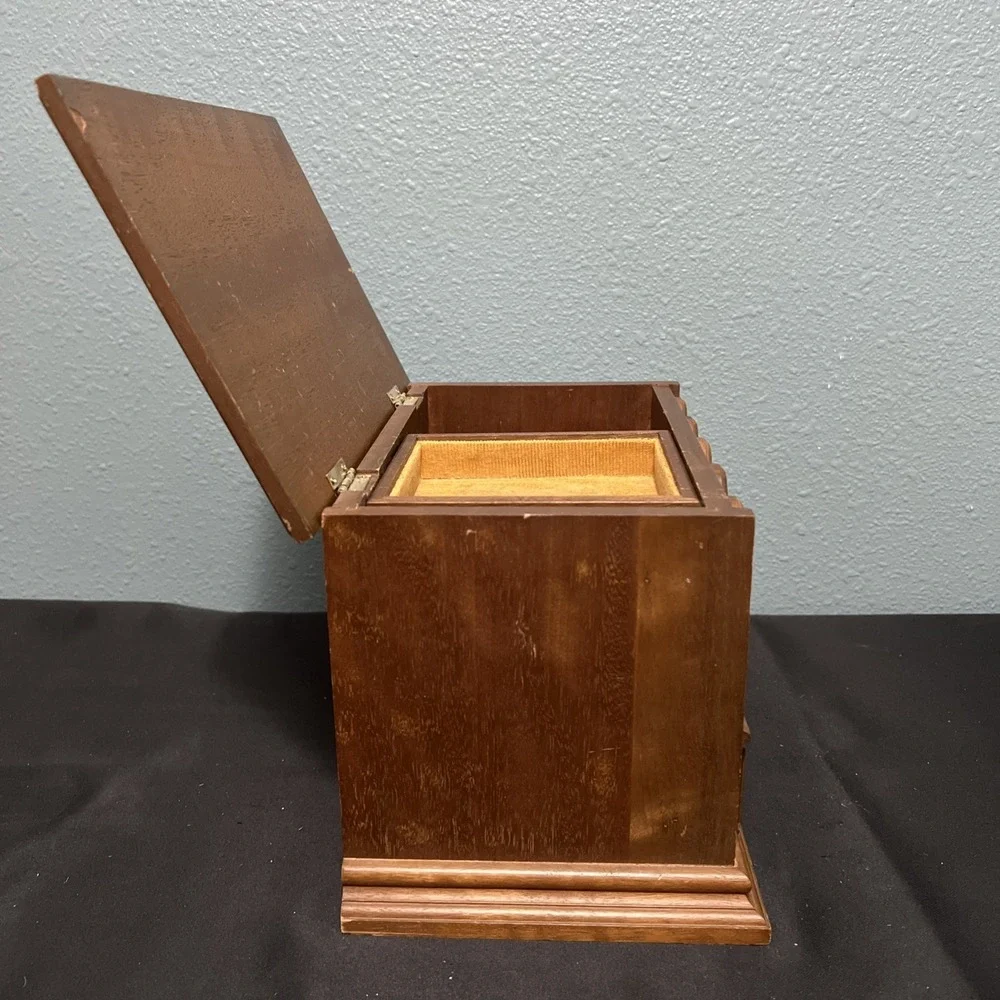 Vintage 60's Mele Wood Jewelry Chest Box Flip Up Lid / 2‎ Drawers Made In Taiwan